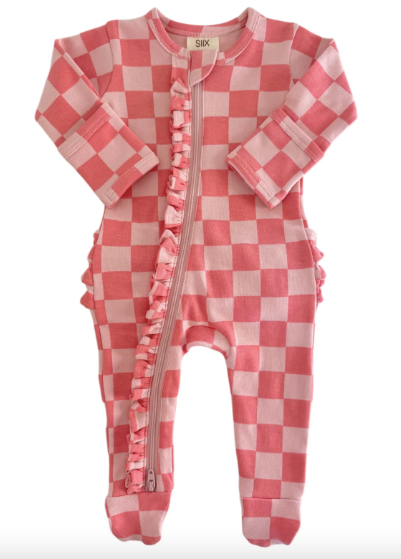 Strawberry Checkerboard / Organic Frill Zip Footie