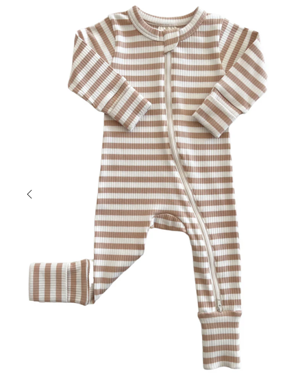 Organic Cotton Zip Romper-tan stripe