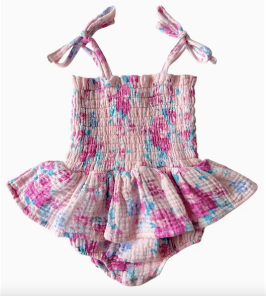 Organic Smocked Floral Baby Girl Romper-Pink