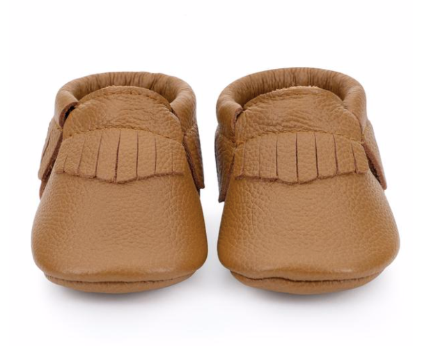 Bird Rock Baby Leather Fringe Moccasins-Brown